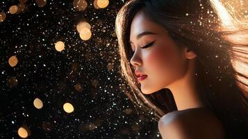A serene moment of beauty with flowing hair amidst sparkling lights photo