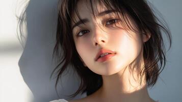 A young female model gazes thoughtfully into the distance, illuminated softly photo