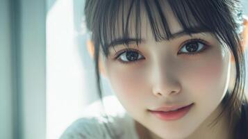 A young model gazes warmly, radiating youthful charm and grace photo