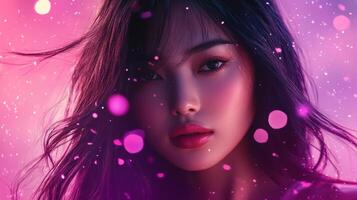 A stunning model showcases her beauty, illuminated by soft, colorful lights photo