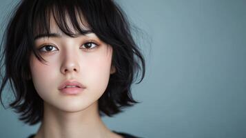 A young Japanese woman gazes thoughtfully, her expression reflecting deep emotion photo