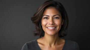 A mid-aged Latina woman smiles warmly against a dark background photo