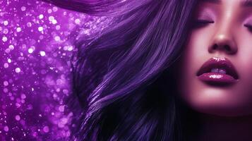 The model exudes elegance with flowing hair illuminated by swirling purple lights photo