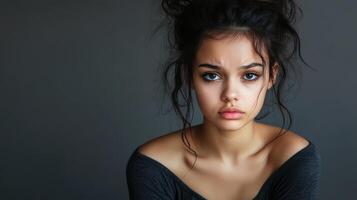 A young Latina model expresses her sadness with a reflective gaze photo