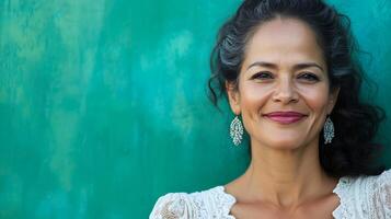 Joyful woman with elegant earrings radiates warmth in a colorful setting photo