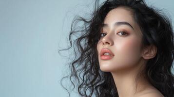 A young Mexican model elegantly poses, highlighting her striking features and curls photo