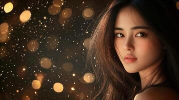 Captivating beauty shines with radiant hair surrounded by shimmering lights photo