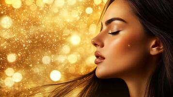 A stunning Brazilian model exudes beauty with golden sparkles surrounding her photo
