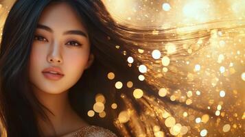 A stunning model with flowing hair captivates in a dreamy, glowing backdrop photo