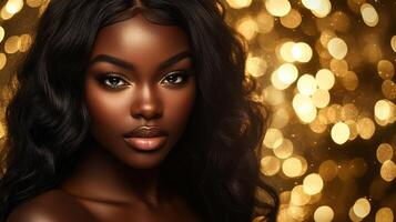 Exquisite beauty radiates as she poses against a shimmering golden backdrop photo