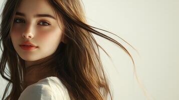 A beautiful young woman poses elegantly with her hair gently flowing photo