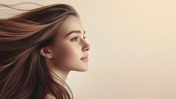 A teenager models gracefully with flowing hair against a gentle background photo