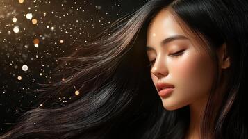 A stunning model exudes elegance with flowing hair in a dreamy atmosphere photo