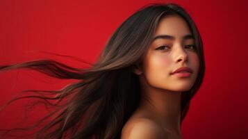 A young woman with flowing hair poses gracefully against a striking red background photo