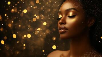 A striking young woman embodies elegance with shimmering beauty in golden light photo