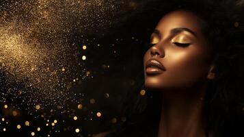 Elegant model exudes confidence with golden accents and sparkling effects surrounding her photo