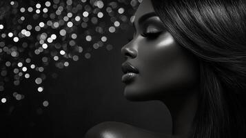 An elegant model showcases her smooth hair and striking features against bokeh photo