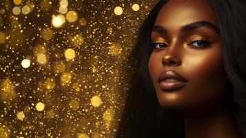 A breathtaking model showcases her beauty amidst a sparkling golden ambiance photo