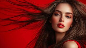 A glamorous woman with flowing hair captivates with her bold look photo