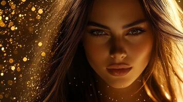 A stunning model radiates beauty with sparkling particles in the background photo