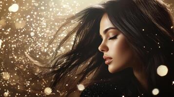 A glamorous model poses elegantly with flowing hair and twinkling lights around her photo