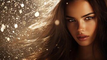 A captivating model radiates beauty amidst shimmering golden specks photo