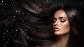 A stunning model showcases her glamorous look amidst a cosmic backdrop photo