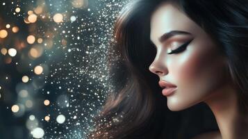The model poses gracefully, radiating elegance amidst shimmering lights photo