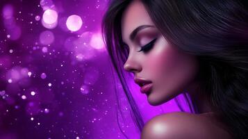 A stunning model poses gracefully with smooth hair amidst a dreamy backdrop photo
