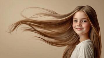 A cheerful girl with long hair smiles brightly, capturing the moment of joy photo