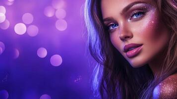 Model flaunts glamorous makeup and smooth hair amidst a dazzling purple backdrop photo