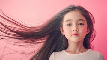 A little girl displays her long hair with a graceful expression photo