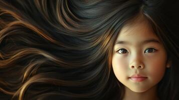 The girl gazes gently, her long hair cascading around her with grace photo