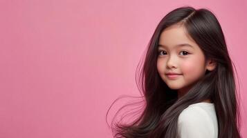 Captivating young girl smiles radiant in a soft pink backdrop photo
