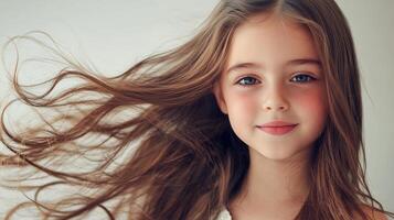 A cheerful girl with long flowing hair smiles brightly in soft natural light photo