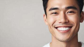 A handsome male model smiles warmly against a neutral background photo