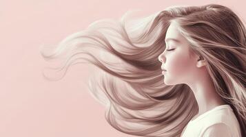 A young girl with long flowing hair enjoys a tranquil moment in soft colors photo