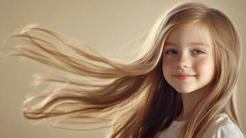 A little girl joyfully plays with her hair, exuding innocence and charm photo