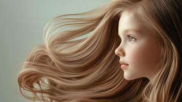 A little girl gazes thoughtfully as her hair dances in the breeze photo