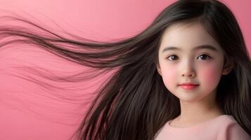 A joyful little girl with long hair smiles brightly, embodying innocence and joy photo
