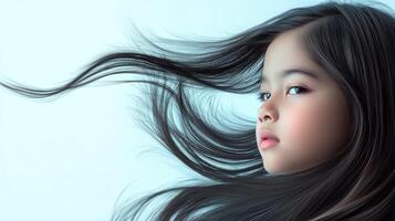 A young girl with beautiful flowing hair captures the viewer's attention photo