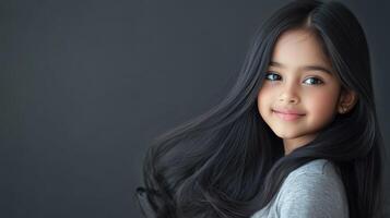 A charming little girl exudes happiness with her flowing hair and bright smile photo