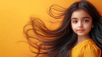 A little girl with smooth hair playfully enjoys a sunny day photo