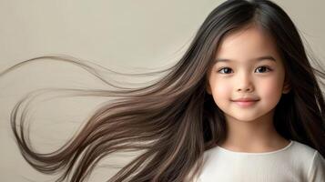 A young girl joyfully plays, her smooth hair flowing gracefully behind her photo