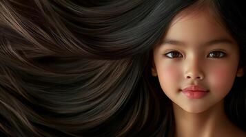 A young girl captivates with her long, smooth hair and charming expression photo