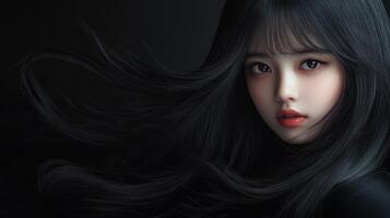 A little girl with smooth hair looks thoughtfully into the distance photo