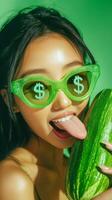 A young woman poses with a cucumber and playful sunglasses, exuding fun vibes photo
