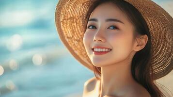 Smiling woman relaxes by the shoreline, enjoying the sun and sea breeze photo