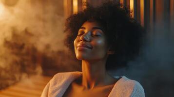 A woman enjoys a calming steam session for ultimate relaxation photo