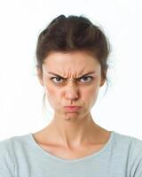 A woman with a serious expression conveys deep discontent and frustration photo